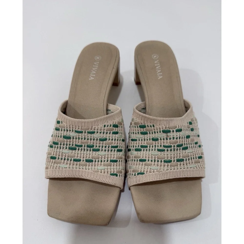 Vivaia Juliet Pro Sandals Beige/Green Square Toe Block Heel Womens EU‎ 38 US 7